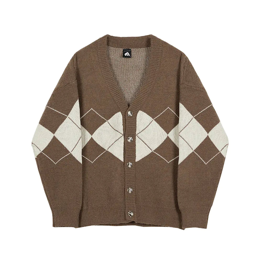 Men's Long-sleeved Sweater - Diamond Check Cardigan