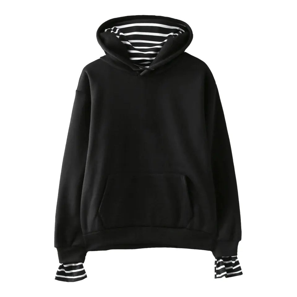 Trendy Hooded Fleece Pullover with Striped Oversleeves