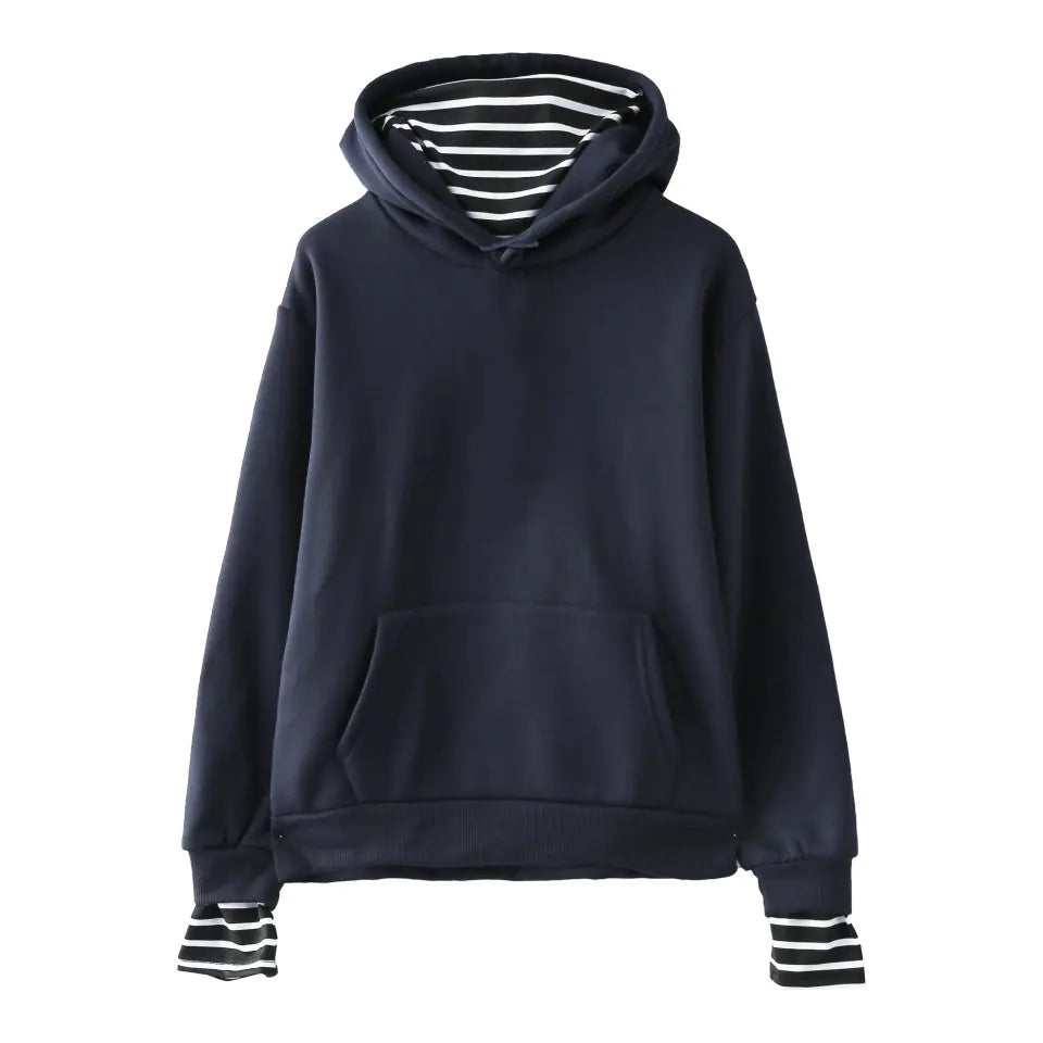 Trendy Hooded Fleece Pullover with Striped Oversleeves