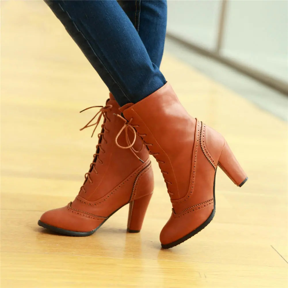 Plus Size Women's Lace Up High Heel Short Boots 40-43