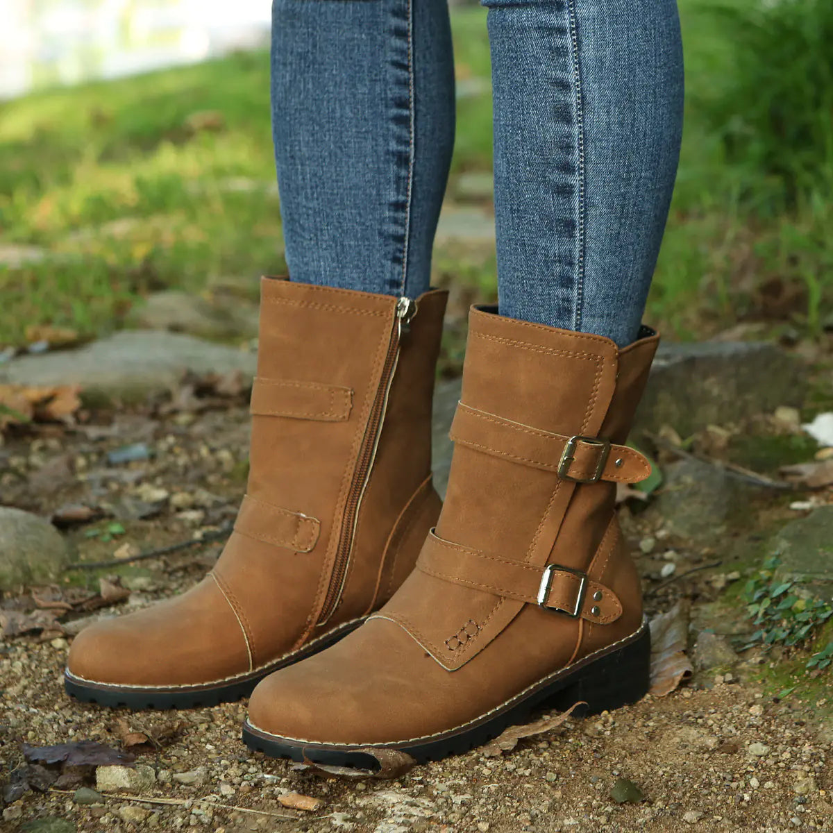 Casual Round Toe Women's Boots with Belt Buckle
