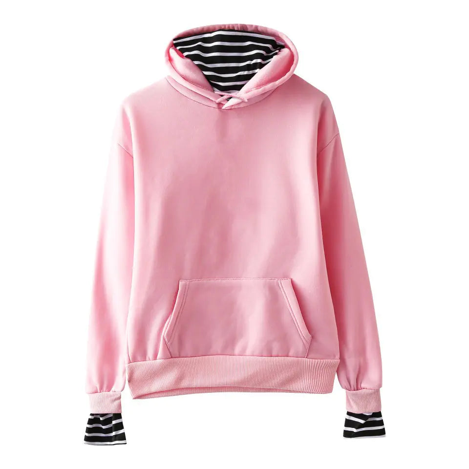 Trendy Hooded Fleece Pullover with Striped Oversleeves