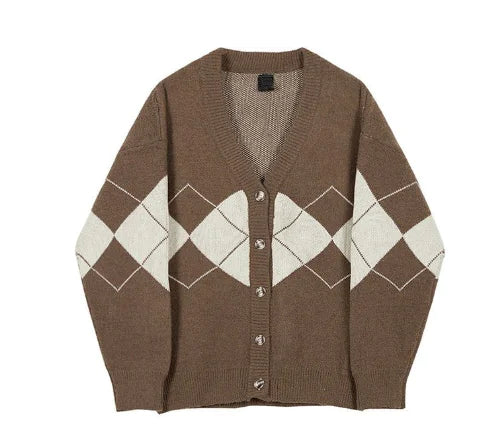 Men's Long-sleeved Sweater - Diamond Check Cardigan