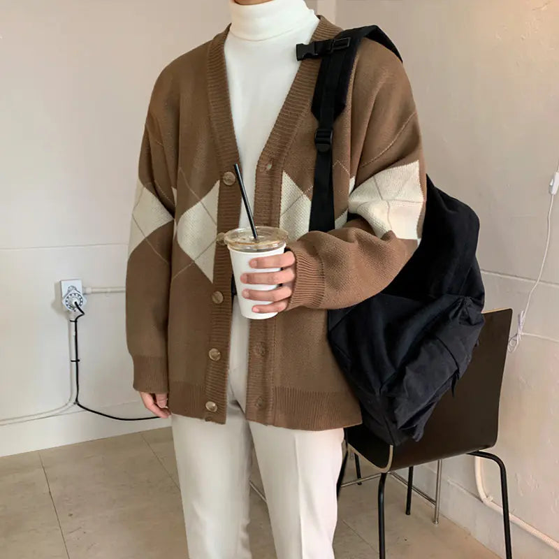 Men's Long-sleeved Sweater - Diamond Check Cardigan