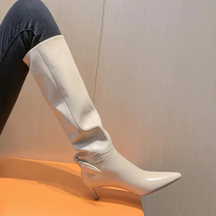 Stiletto Bow High Cowhide Boots for Women