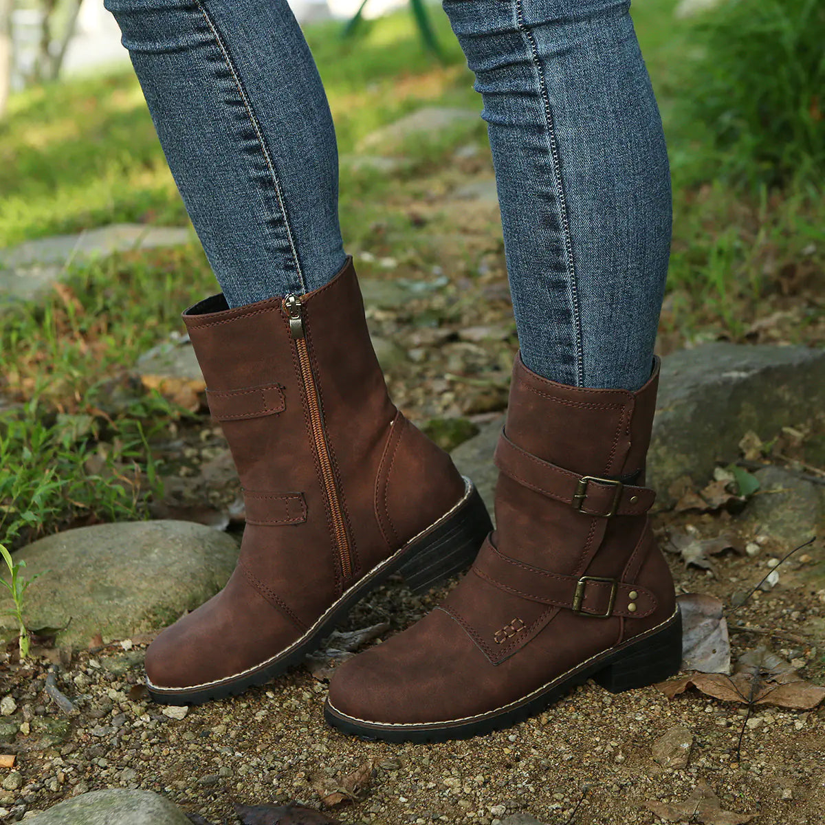 Casual Round Toe Women's Boots with Belt Buckle