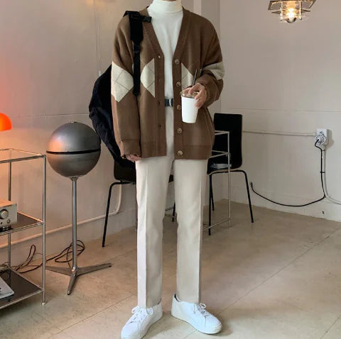 Men's Long-sleeved Sweater - Diamond Check Cardigan