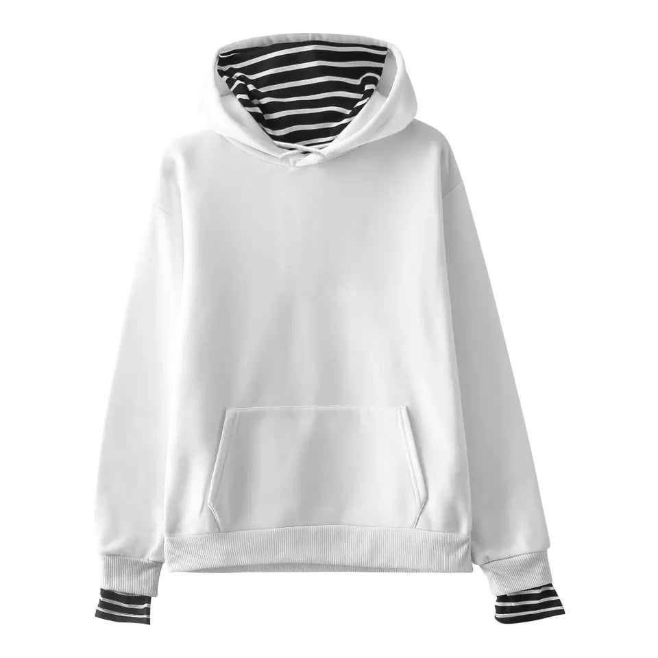 Trendy Hooded Fleece Pullover with Striped Oversleeves