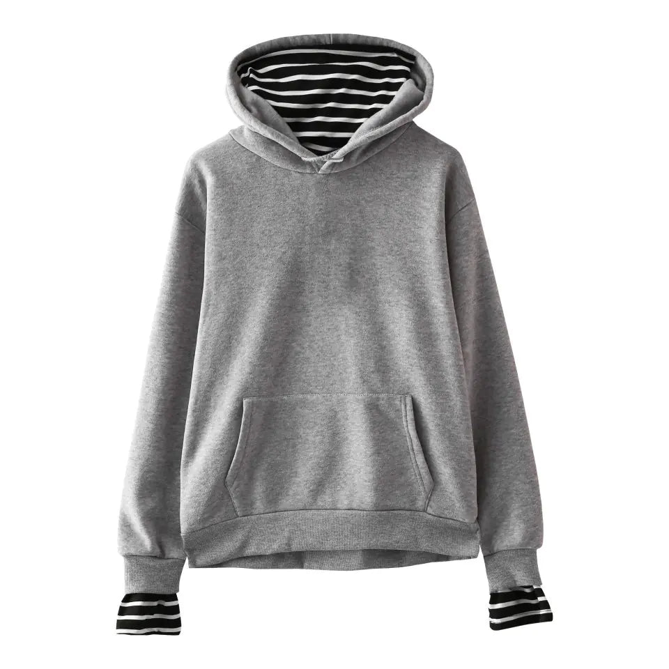 Trendy Hooded Fleece Pullover with Striped Oversleeves