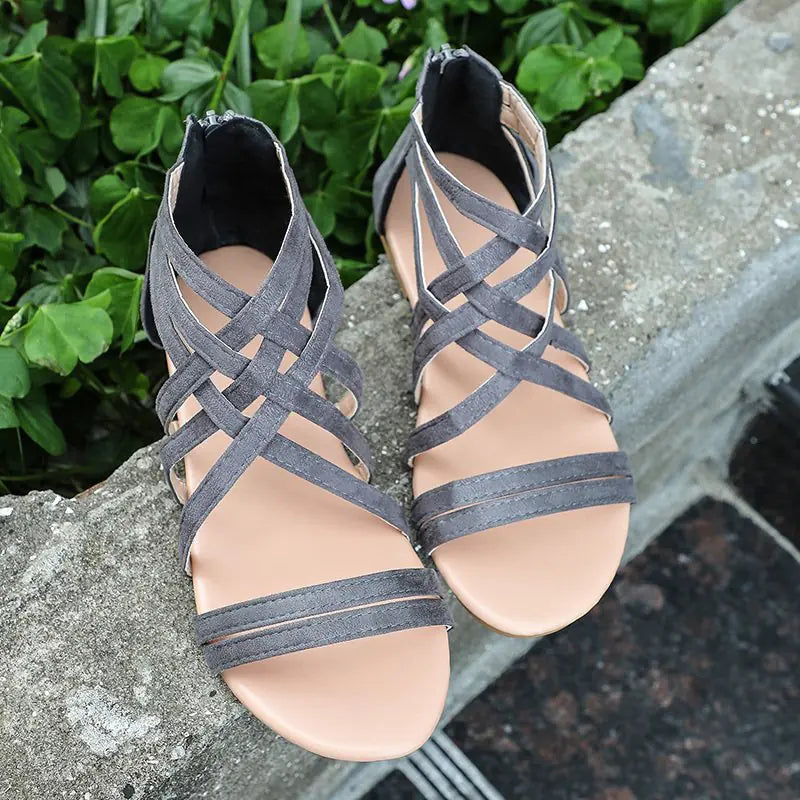 Fashion Hollow Large Size Flat Women's Sandals with Zipper