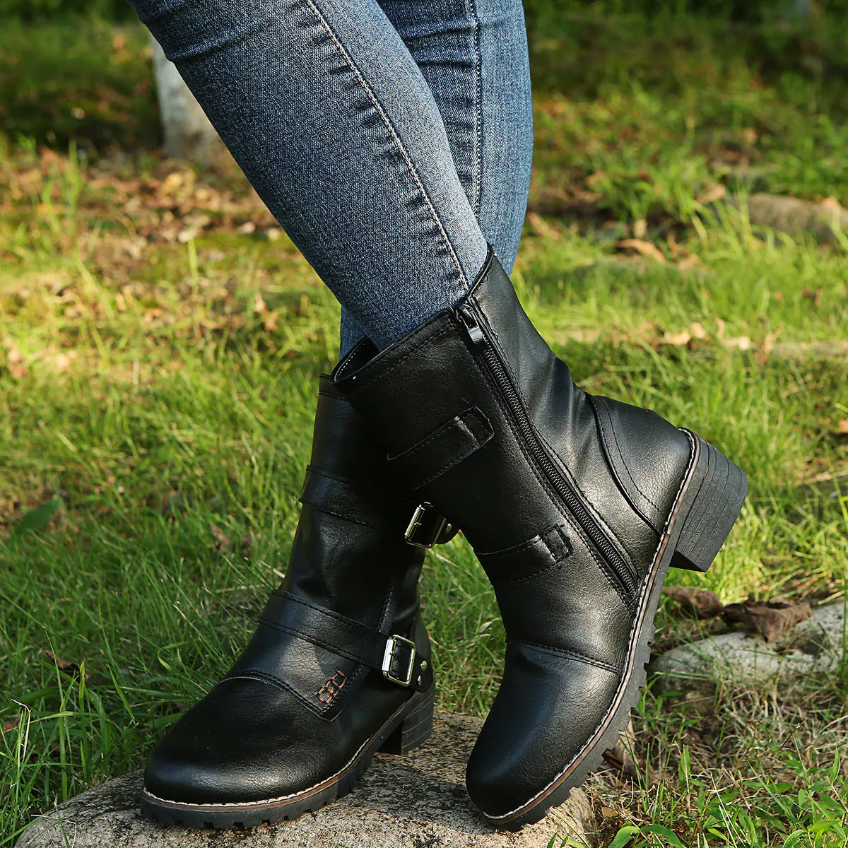 Casual Round Toe Women's Boots with Belt Buckle
